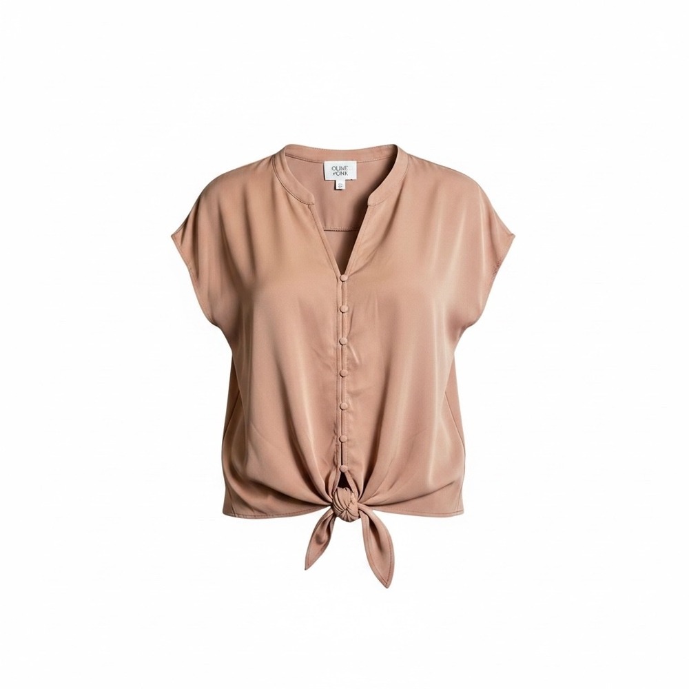 Olive & Oak Womens Mauve Pink Button Front Tie Hem Cap Sleeve Blouse‎ Small
